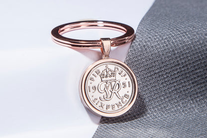 1951 Sixpence Keyring - 73rd Birthday Gift - Choose Colour and Engraving