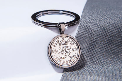 1952 Sixpence Keyring - 72nd Birthday Gift - Choose Colour and Engraving