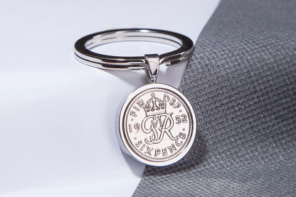 1952 Sixpence Keyring - 72nd Birthday Gift - Choose Colour and Engraving