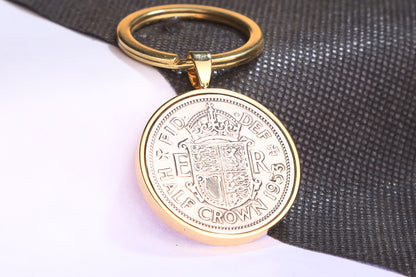 1953 Half Crown Keyring - 71st Birthday Gift - Choose Colour and Engraving