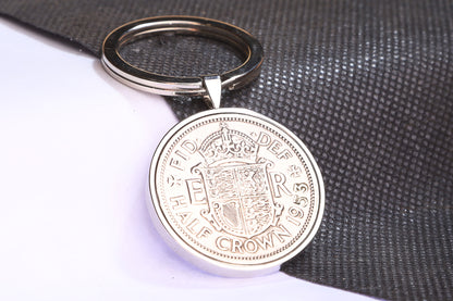 1953 Half Crown Keyring - 71st Birthday Gift - Choose Colour and Engraving