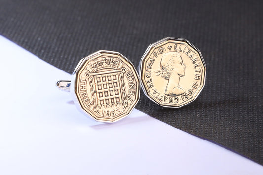 1953 Brass Threepence Cufflinks 71st Birthday Gift Choose Your Orientation & Colour