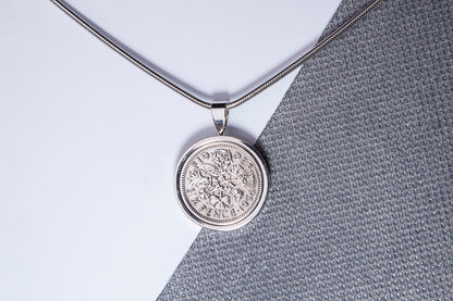 1954 Sixpence Pendant - 70th Birthday Gift - Choose Colour and Engraving