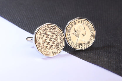 1954 Brass Threepence Cufflinks 70th Birthday Gift Choose Your Orientation & Colour