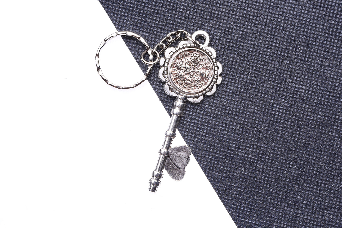 1954 70th Birthday Luck Sixpence Two Hearts Keyring