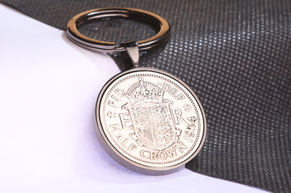 1954 Half Crown Keyring - 70th Birthday Gift - Choose Colour and Engraving