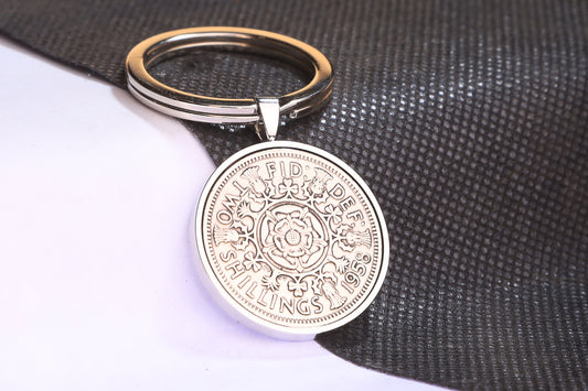 1958 Florin Keyring - 66th  Birthday Gift - Choose Colour and Engraving