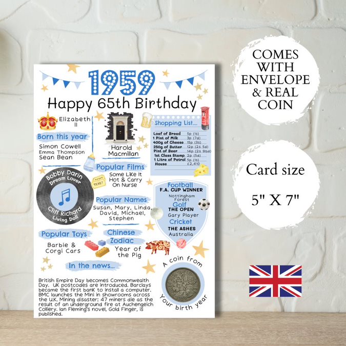 65th Birthday Card With a 1959 British Coin Choose Your Card Colour