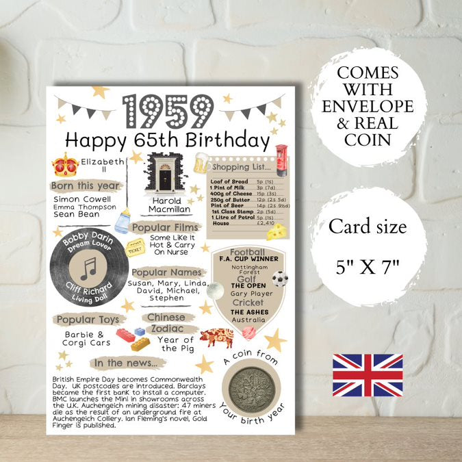 65th Birthday Card With a 1959 British Coin Choose Your Card Colour