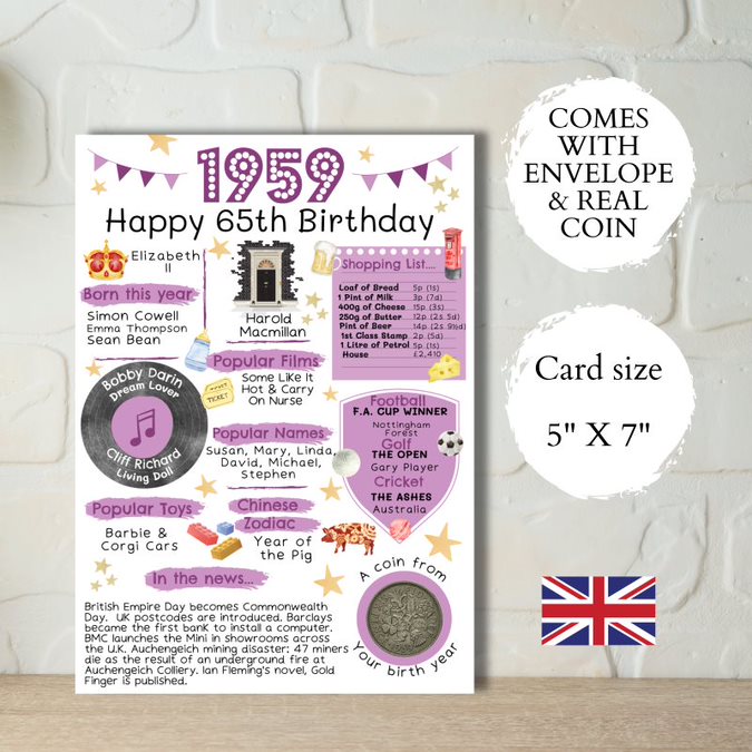 65th Birthday Card With a 1959 British Coin Choose Your Card Colour