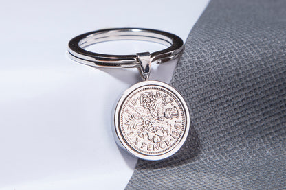 1961 Sixpence Keyring - 63rd Birthday Gift - Choose Colour and Engraving