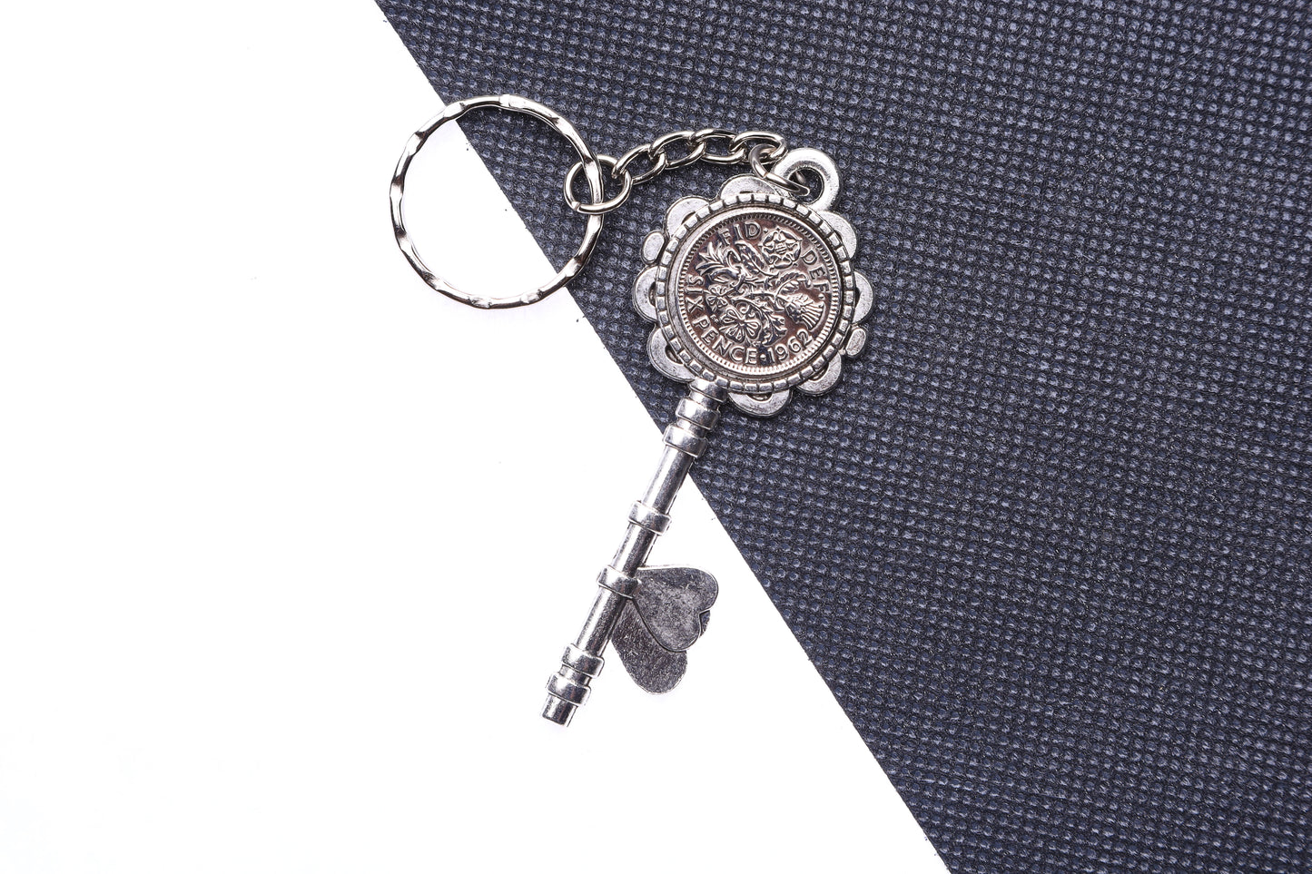 1962 62nd Birthday Luck Sixpence Two Hearts Keyring