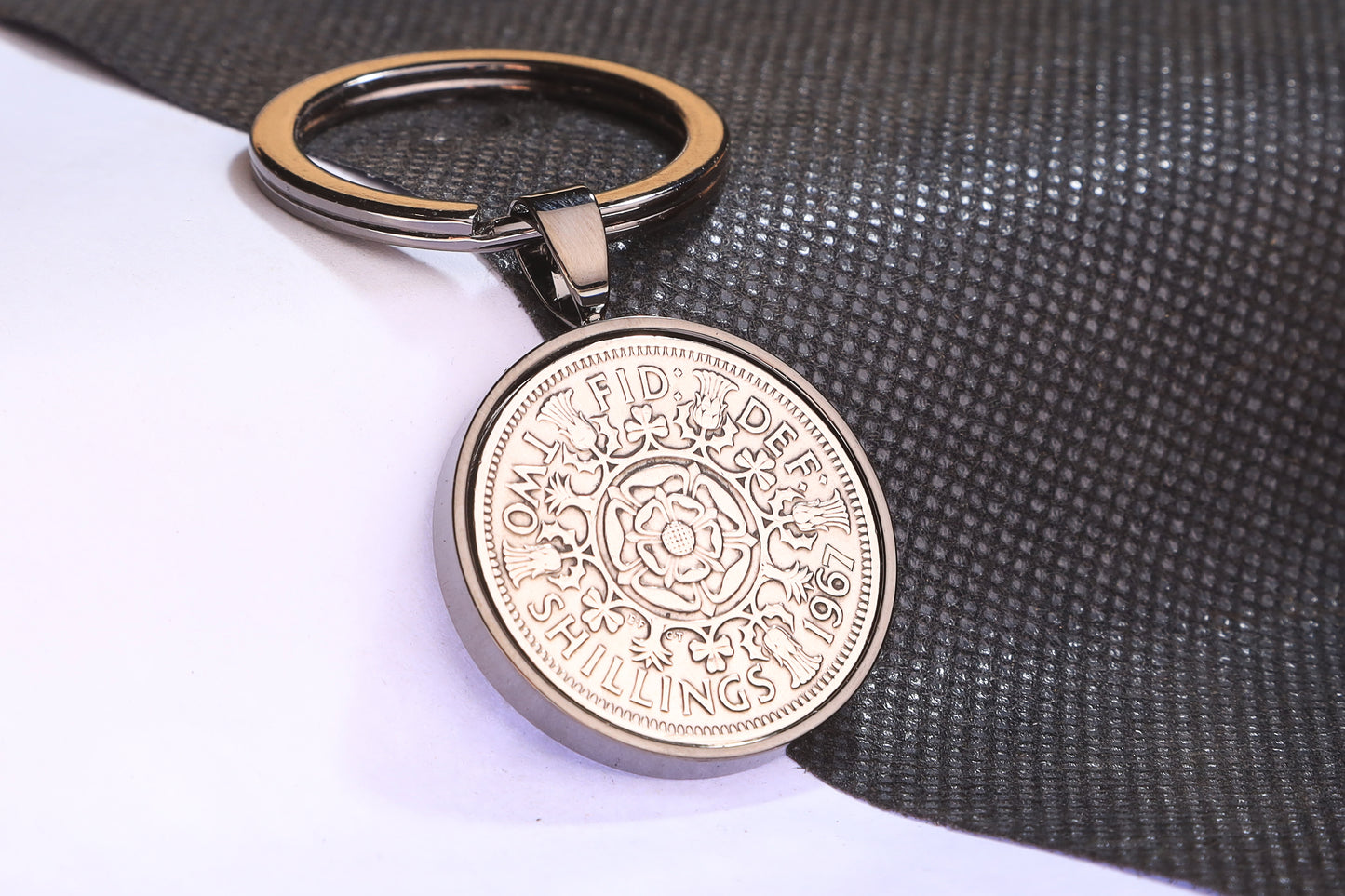 1967 Florin Keyring - 57th Birthday Gift - Choose Colour and Engraving