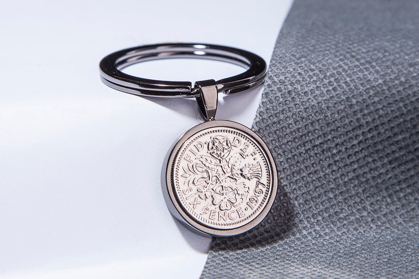 1967 Sixpence Keyring - 57th Birthday Gift - Choose Colour and Engraving