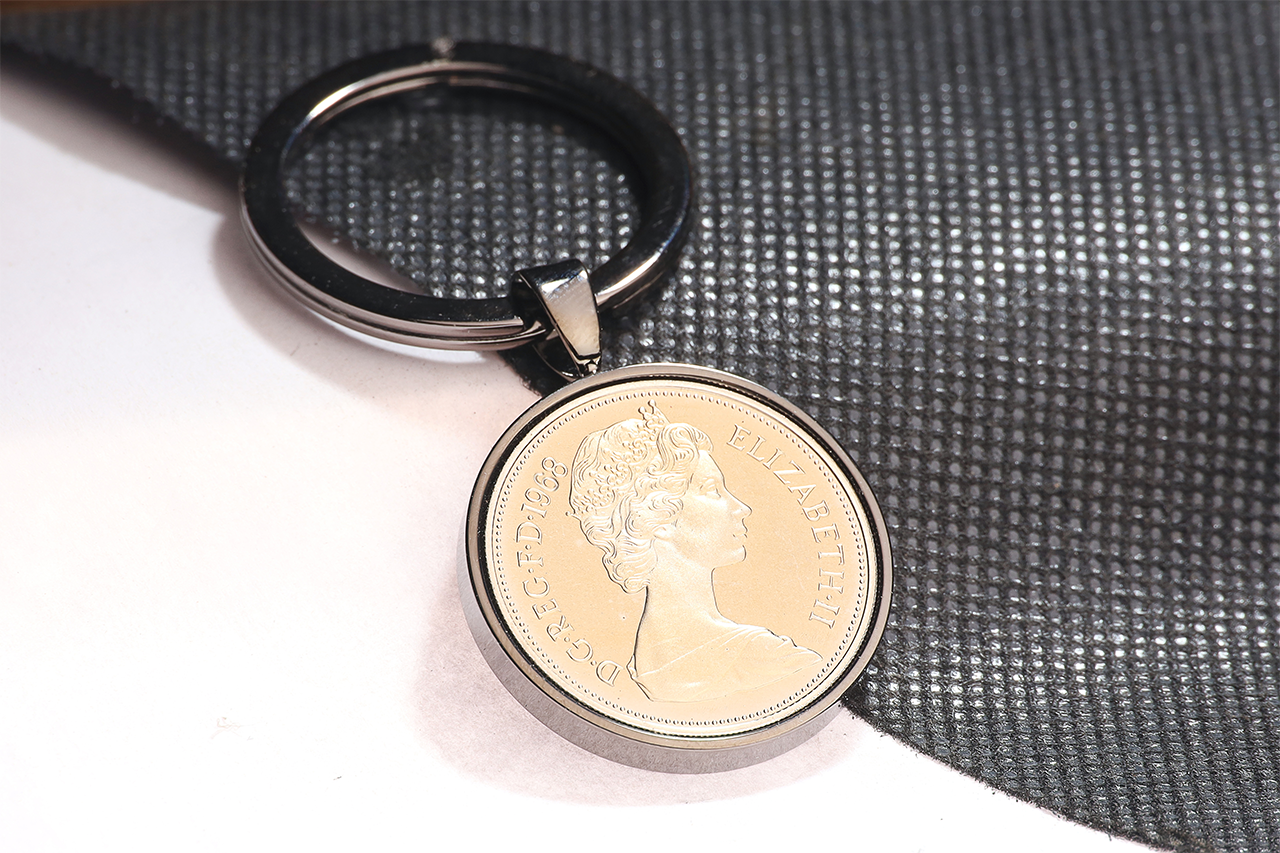 1968 Old Ten Pence Keyring - 56th Birthday Gift - Choose Colour and Engraving