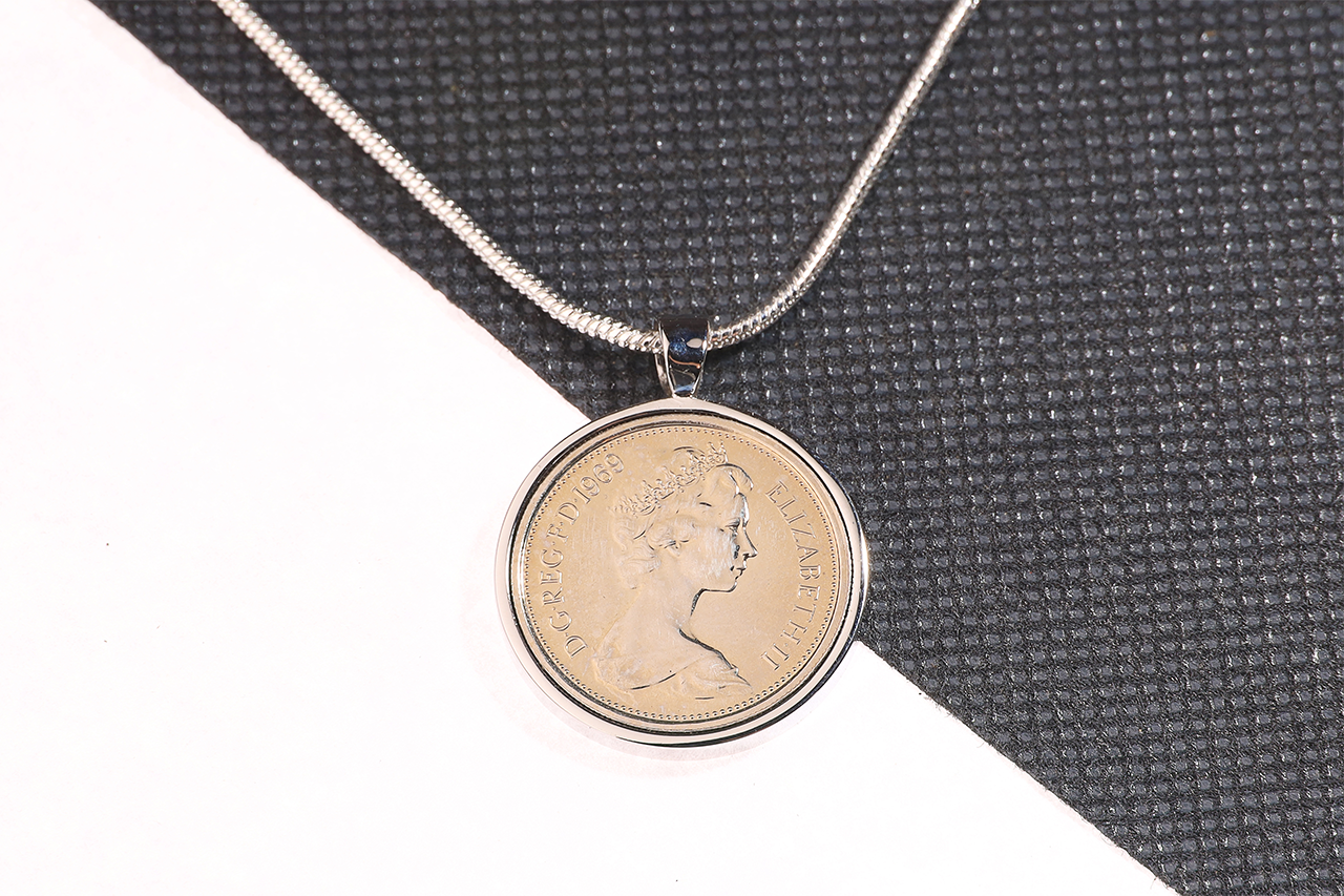 1969 Old Five Pence Pendant - 55th  Birthday Gift - Choose Colour and Engraving