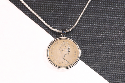 1970 Old Five Pence Pendant - 54th  Birthday Gift - Choose Colour and Engraving