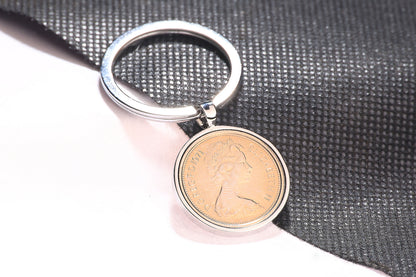 1971 Decimal One Pence Keyring - 53rd Birthday Gift-Choose Colour and Engraving