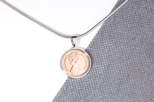 1971 Decimal Half Penny  Pendant - 53rd  Birthday Gift - Choose Colour and Engraving