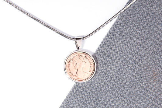 1973 Decimal Half Penny  Pendant - 51st  Birthday Gift - Choose Colour and Engraving