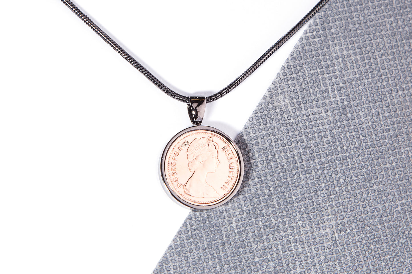 1973 Decimal Half Penny  Pendant - 51st  Birthday Gift - Choose Colour and Engraving