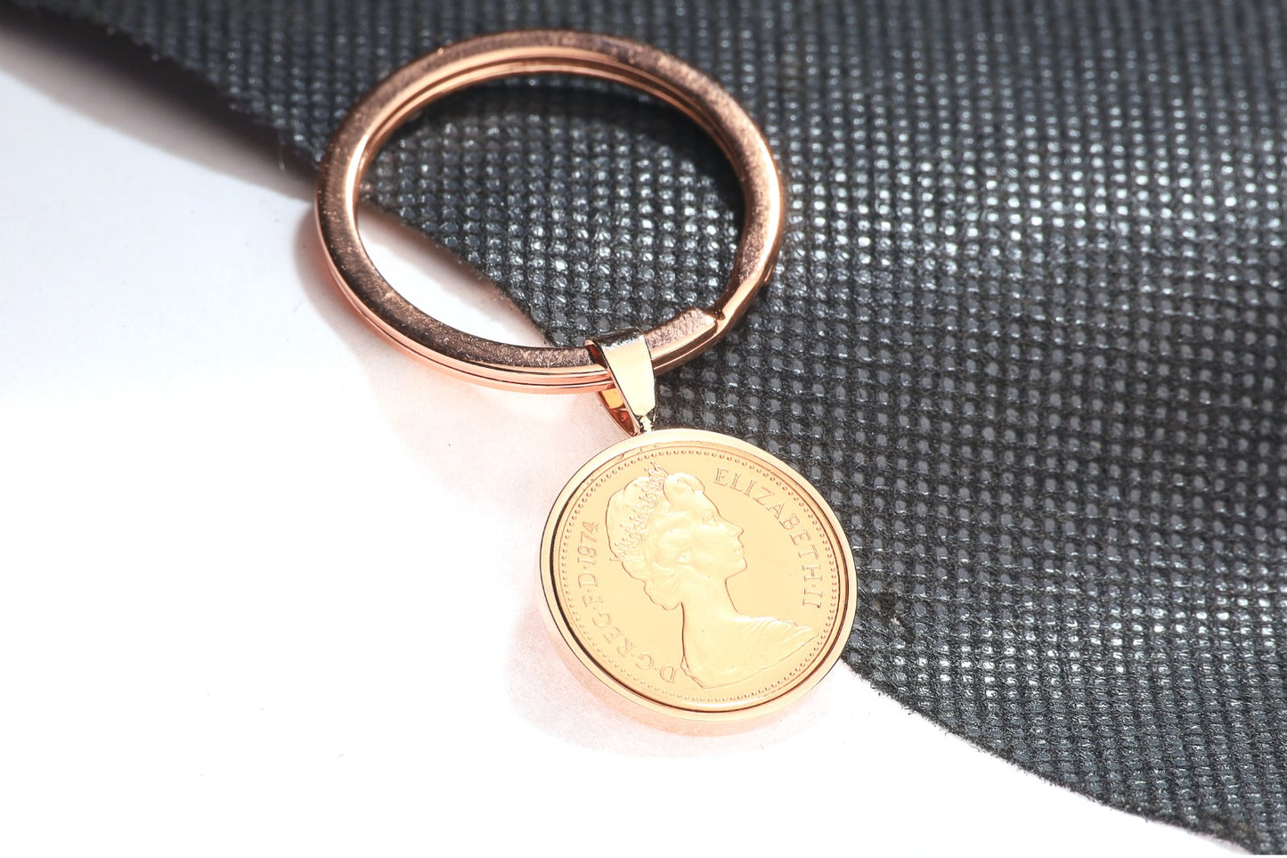 1974 Decimal One Pence Keyring - 50th Birthday Gift-Choose Colour and Engraving