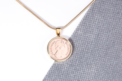 1974 Decimal Half Penny  Pendant - 50th  Birthday Gift - Choose Colour and Engraving