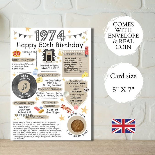 50th Birthday Card With a 1974 British Coin Choose Your Card Colour