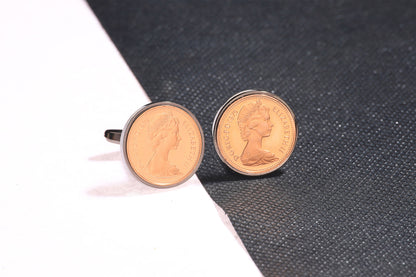 1975 Decimal One Pence Cufflinks - 49th Birthday Gift-Choose Your Colour