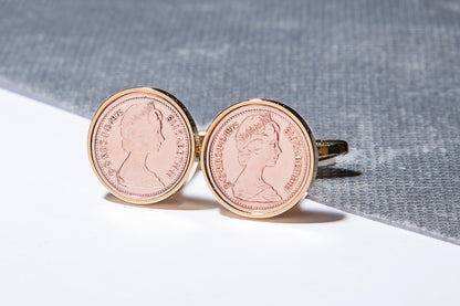 1975 Decimal  Half Penny Cufflinks - 49th Birthday - Choose Colour and Orientation