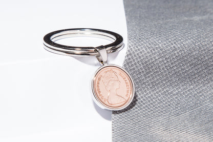 1977 Decimal Half Penny Keyring - 47th  Birthday Gift - Choose Colour and Engraving