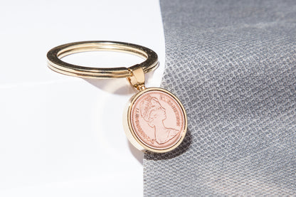 1977 Decimal Half Penny Keyring - 47th  Birthday Gift - Choose Colour and Engraving