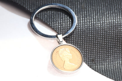 1977 Decimal One Pence Keyring - 47th Birthday Gift-Choose Colour and Engraving