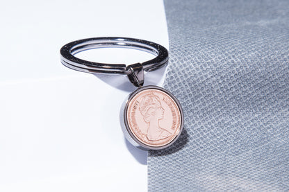 1977 Decimal Half Penny Keyring - 47th  Birthday Gift - Choose Colour and Engraving