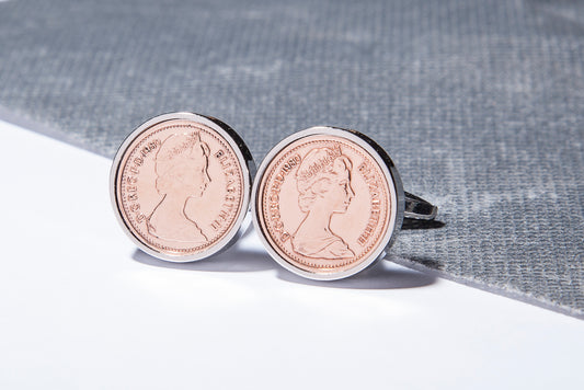 1980 Decimal  Half Penny Cufflinks - 44th Birthday - Choose Colour and Orientation