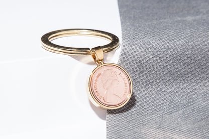 1981 Decimal Half Penny Keyring - 43rd Birthday Gift - Choose Colour and Engraving