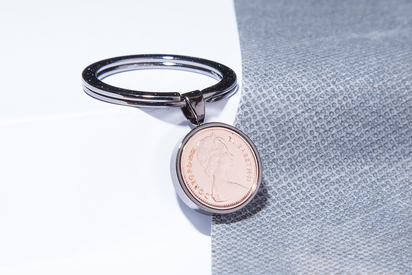 1981 Decimal Half Penny Keyring - 43rd Birthday Gift - Choose Colour and Engraving