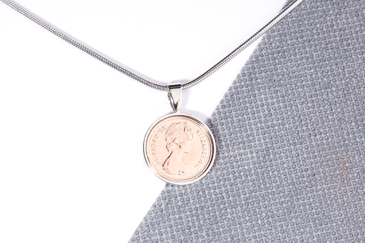 1981 Decimal Half Penny  Pendant - 43rd  Birthday Gift - Choose Colour and Engraving