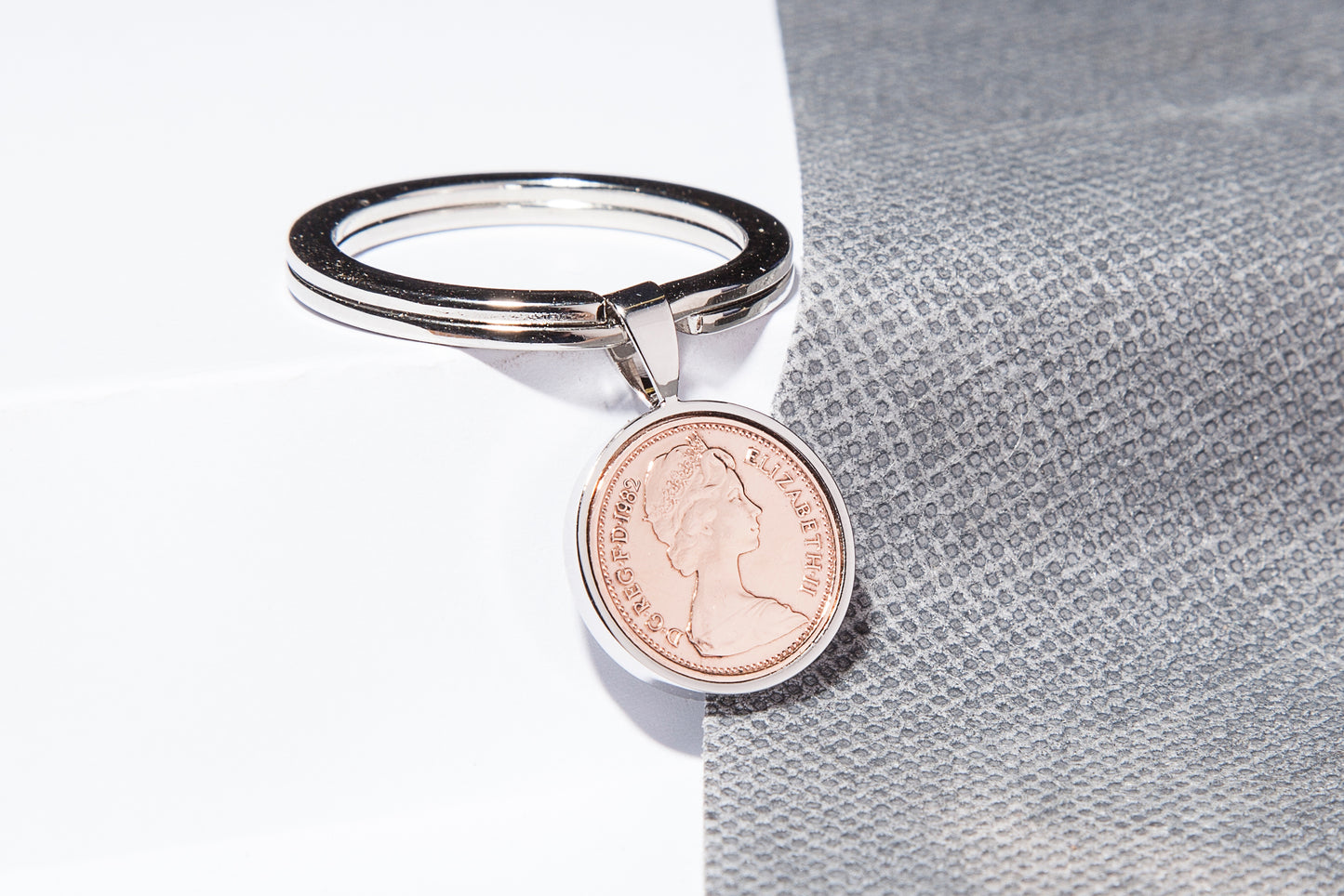 1982 Decimal Half Penny Keyring - 42nd Birthday Gift - Choose Colour and Engraving