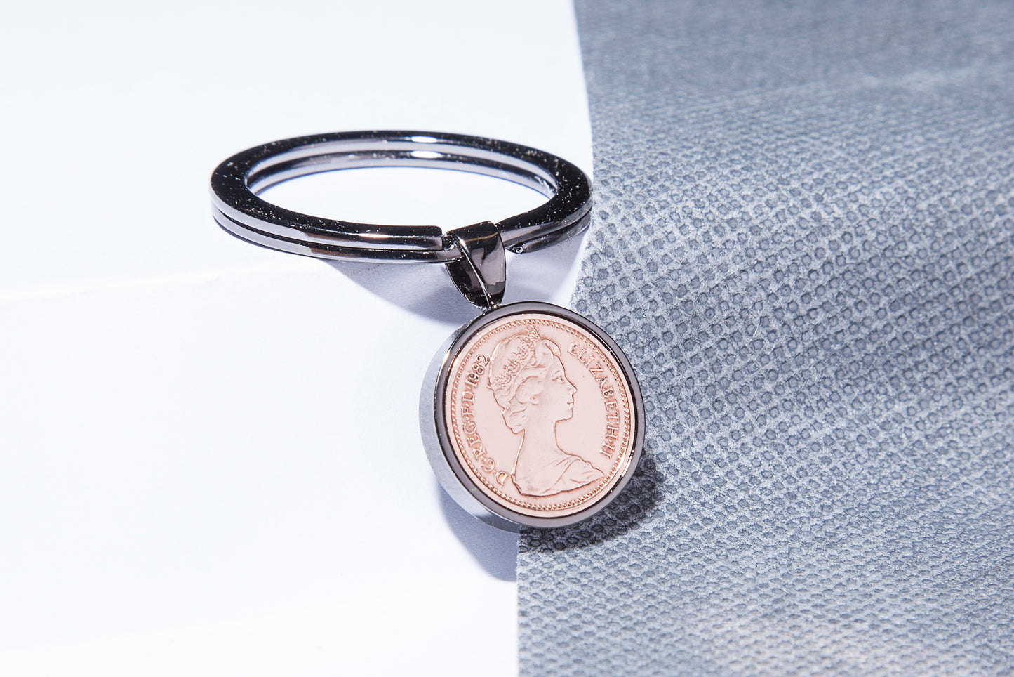 1982 Decimal Half Penny Keyring - 42nd Birthday Gift - Choose Colour and Engraving