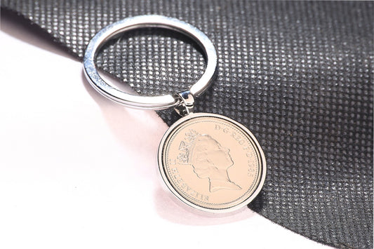 1985 Old Five Pence Keyring - 39th Birthday Gift - Choose Colour and Engraving