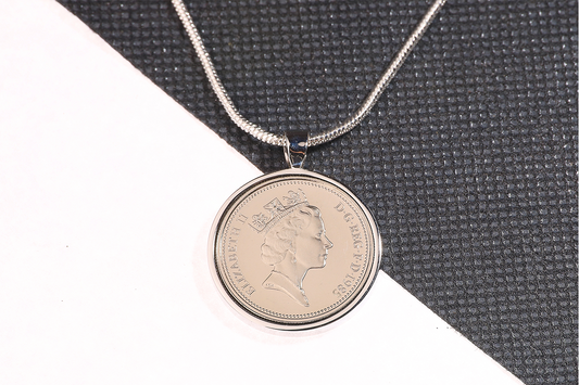 1985 Old Five Pence Pendant - 39th Birthday Gift - Choose Colour and Engraving