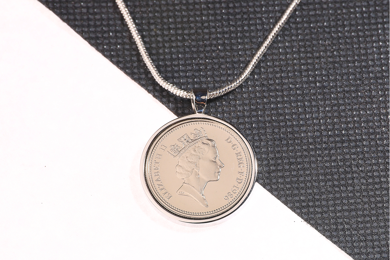 1986 Old Five Pence Pendant - 38th Birthday Gift - Choose Colour and Engraving