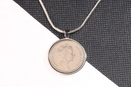 1987 Old Five Pence Pendant - 37th Birthday Gift - Choose Colour and Engraving