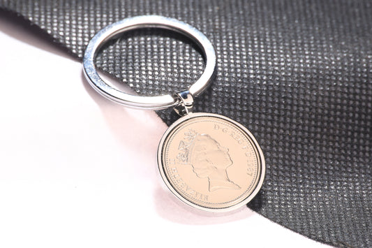 1987 Old Five Pence Keyring - 37th Birthday Gift - Choose Colour and Engraving