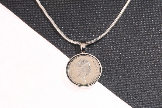 1990 Decimal Five Pence Pendant - 34th Birthday Gift - Choose Colour and Engraving