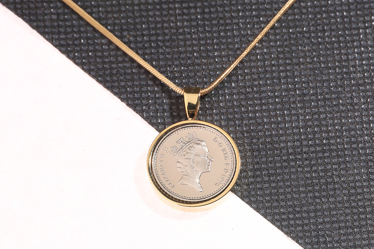 1990 Decimal Five Pence Pendant - 34th Birthday Gift - Choose Colour and Engraving