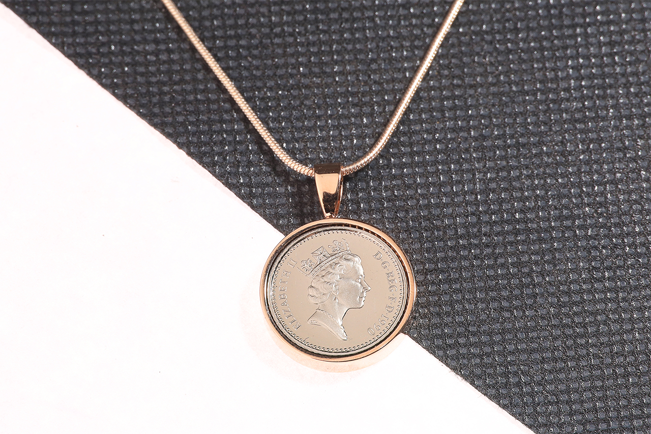 1990 Decimal Five Pence Pendant - 34th Birthday Gift - Choose Colour and Engraving