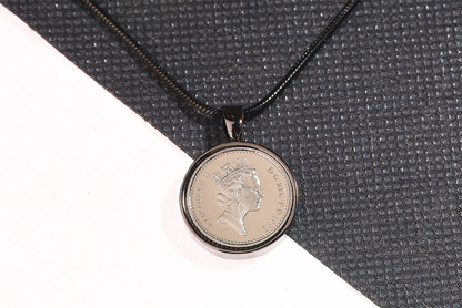 1990 Decimal Five Pence Pendant - 34th Birthday Gift - Choose Colour and Engraving