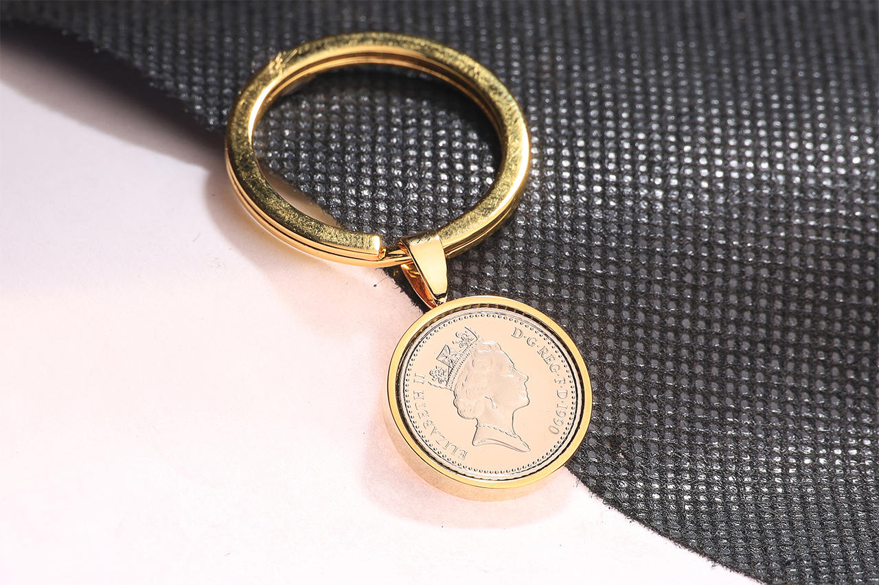 1990 Decimal Five Pence Keyring - 34th Birthday Gift-Choose Colour and Engraving